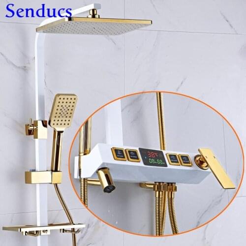 Digital Shower Set Luxury White Gold Bathroom Shower System Hot Cold Brass Bathtub Faucet 12 Inch Rainfall Spa Bath Shower Head