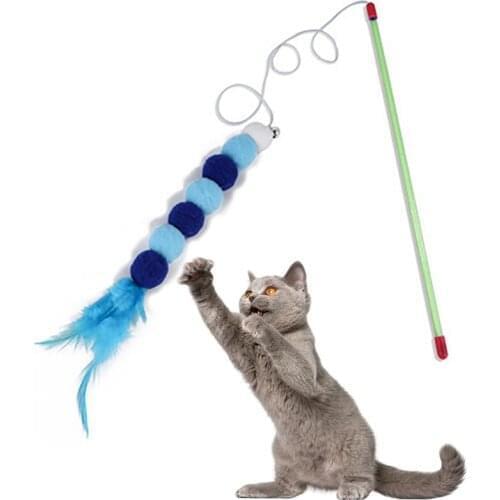 Cat Teaser Wand Pom Pom Cat Interactive Toy Fun Feather Kitten Teaser Stick Cat Teaser Toy With Bell Pet Supply 4 Colors