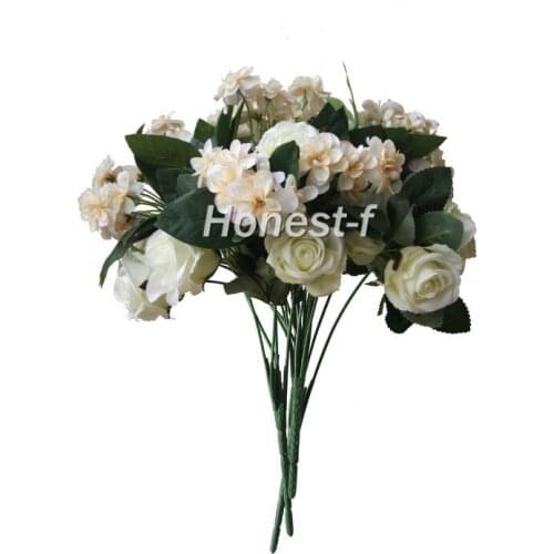 Artificial Multi-Coloured Rose Silk Flowers Bounquet Mixed Arrangement, Home Hotel Room Wedding Decoration(White)