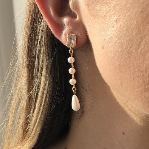 Round Pearl Drop Earrings Long Chain Tassel Hanging Statement Earrings for Women Square Crystal Exquisite Girl Jewelry Korean