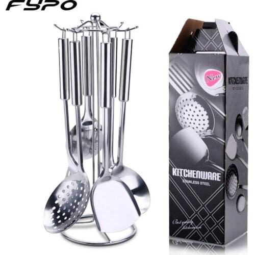 Stainless Steel Cooking Utensils Kitchen 6 Pics With Storage Rack Spatula Colander Cookware Kitchen Tools Serving Soup Spoon