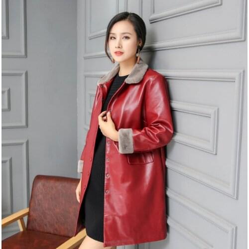Middle-aged womens spring and autumn and winter long section plus velvet thickening new loose large size leather jacket AL19011