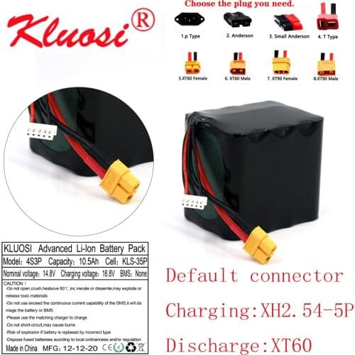 KLUOSI 14.8V 10.5Ah 10Ah 4S3P 16.8V Li-ion Battery High Capacity UAV Rechargeable for Various RC Airplane Drone Quadrotor XT60