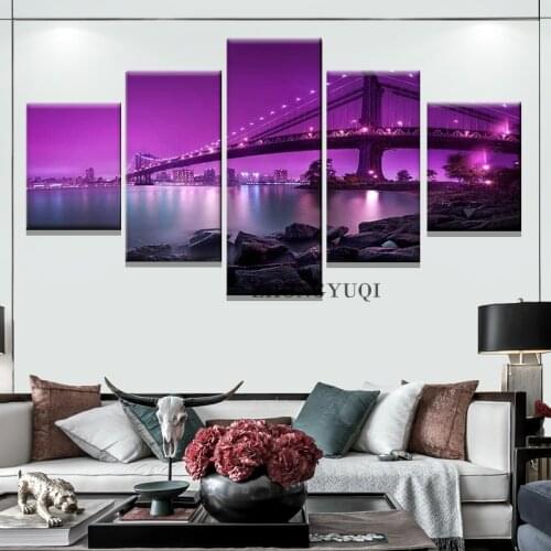 Wall Art Print Pictures 5 Panel Purple City Bridge Landscape Modern Canvas Paintings Modular Poster Home Living Room Decoration