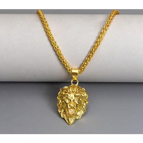 Stainless Steel Lion Head Necklaces Pendant Mens Gold Color RU Hot Link Chain & Pendant Punk Jewelry For Man Male