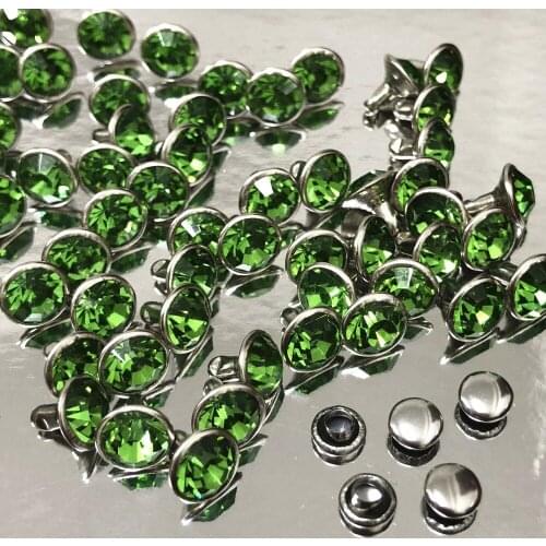New 8MM 50 Sets CZ++ Peridot Green Crystal Rivets Silver Plated Spots Studs Double Cap for DIY Leather-Craft Making