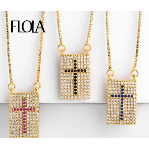 FLOLA Gold Cross Necklace Women Cubic Zirconia High Quality Chain Necklace Long Gold Jewelry Cross Pendant Necklace nkep24