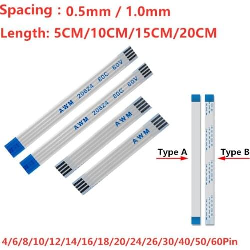 10PCS 10CM 15CM 20CM Flat Flexible Cable FFC FPC LCD Cable AWM 20624 80C 60V VW-1 Pitch 0.5 1.0MM 4P-40Pin 8P 12P 20P 24P 26P
