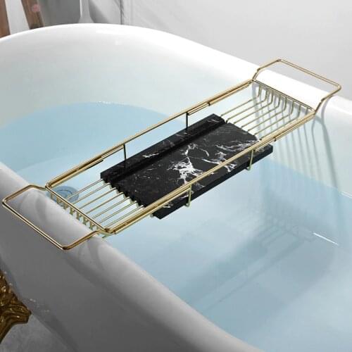 Tuqiu Bathtub Shelf Gold Bathtub Tray Adjustable Bathtub Caddy Organizer Bathroom Shelves Brass Marble Shelf Wine Tablet Holder