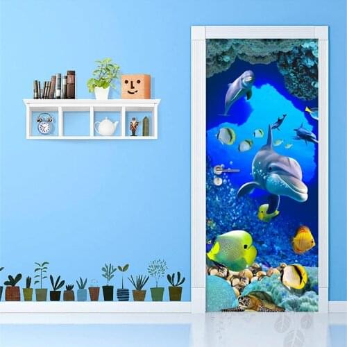 PVC Self-Adhesive Waterproof Door Sticker 3D Undersea Dolphin Photo Wall Murals Childrens Bedroom Creative DIY Wall Sticker 3 D