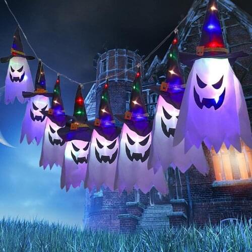 5pcs 3M Ghost LED Light String Halloween Outdoor Decoration Halloween Prop Glowing Ghost Witch Hat String Lights Outdoor Lights