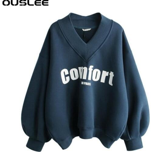 Ouslee Chic letter Streetwear Oversized Sweater Womens Casual Autumn Winter Fashion Loose Solid Color Pullovers V-neck Pullover