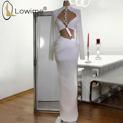 Simple Ivory Long Sleeve Evening Dresses 2021 Cut Away Sides Floor Length Satin Evening Gowns Vestidos De Soiree