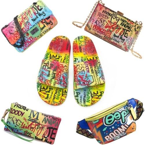 Women Colorful Slippers Ladies Fashion Outdoor Slides Female House Flip Flop Girls Graffiti Bags Rainbow Wallet And Shoes Sets