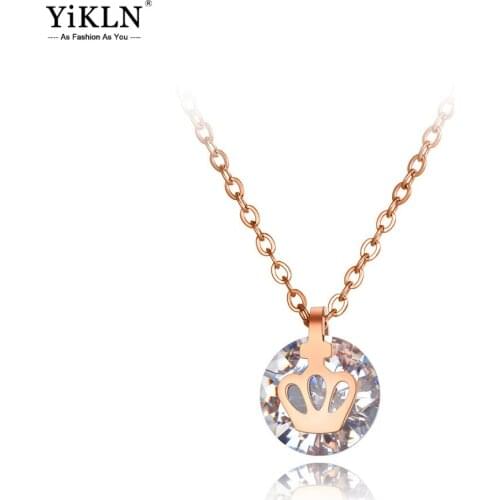 YiKLN New Titanium Stainless Steel CZ Crystal Choker Necklaces Jewelry Trendy Crown Charm Pendant Necklace For Women YN20020