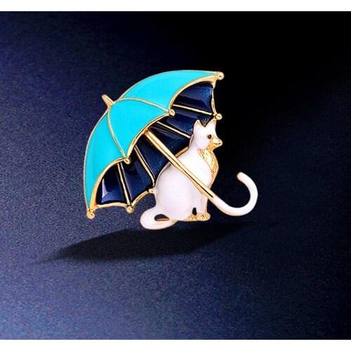 Cartoon Umbrella Cute Cat Animal Brooch Alloy Gold Color Enamel women Brooches Lady Wedding Party Pins Birthday Gifts