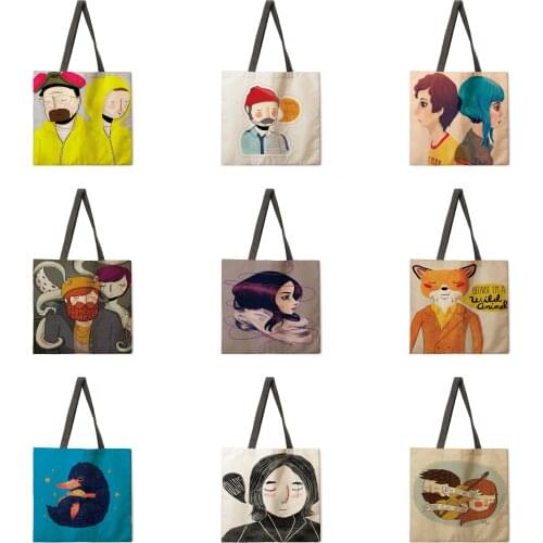 Womens personality shoulder bag printed tote bag foldable linen shopping bag casual tote bag reusable beach bag tote bag