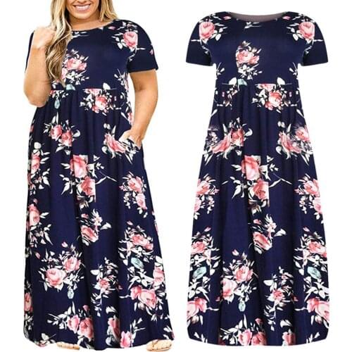 Women Summer Plus Size Dress Floral Print Solid O Neck Short Sleeves Loose Maxi Pocket 8926