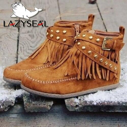 LazySeal Fringe Women Ankle Boots Winter Boots Flat Heel Slip-on Revits Buckle Shoes Booties Woman Ladies Shoes Big Size 43