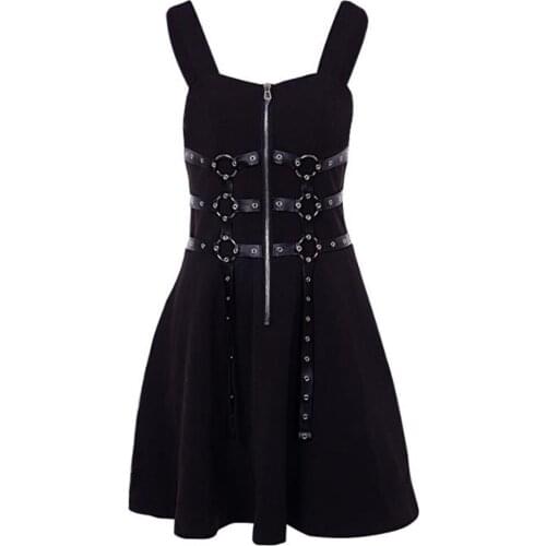 2021 Women Strap Pleated Punk Dress Harajuku Gothic E Girl Black Retro Party Sexy Mini Short Dress Jurk Female Goth Sukienka