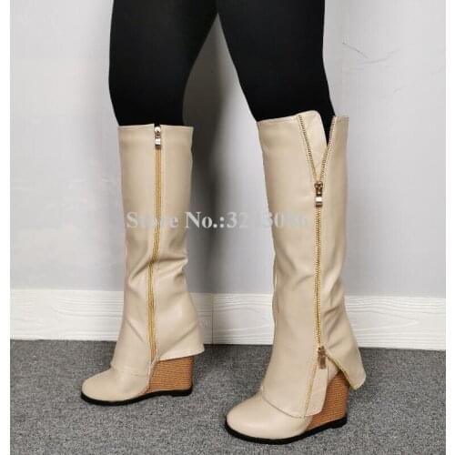 New Beige Leather Zipper Decor Wedge Long Boots Women Round Toe Popular Design Knee High Boots Lady Real Photos Winter Boots