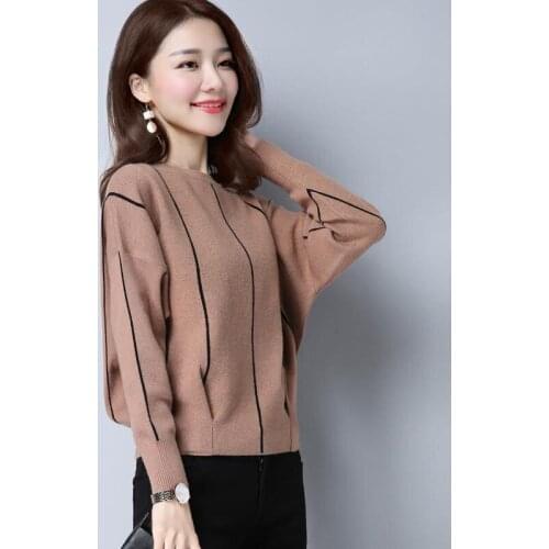 2021 Spring Autumn Womens New Long-sleeved Sweater Tops Female Pullover Striped Knitted Tops Ladies O-neck Short Jumpers P377