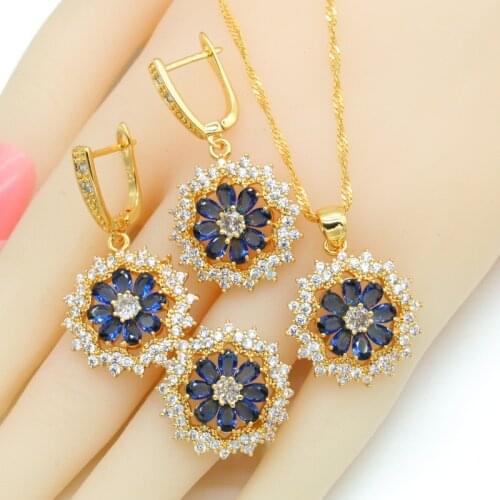 Flower Shape Blue White Green Semi-precious Gold Color Jewelry Sets for Women Earrings Necklace Pendant Rings Gift Box