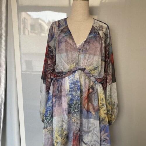 Women Print V-Neck Loose Long Sleeve Dress Spring Summer New Elegant Puff Sleeve Short Dress Two Piece Set Female Streetwear