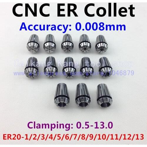 13/box . precision 0.008mm, CNC collet, collet clamping tool holder, collet flexible, ER20-1/2/3/4/5/6/7/8/9/10/11/12/13MM