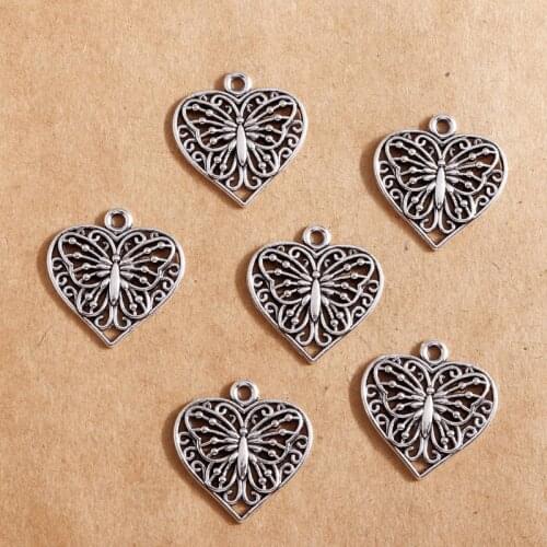10pcs 22*23mm Charms Retro Silver Color Heart Hollow Butterfly Pendants for Necklace Earrings Bracelet Handmade Jewelry Making