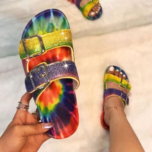 2021 Summer New Women Sandals Low Heel Rhinestone Buckle Slippers Open Toe Beach Shoes Outdoor Plus sandals