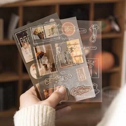 5 Sheets Retro Handwriting English Scenery Photo Stickers Scrapbooking Journal Crafts DIY Phone Album Decorative Stationery