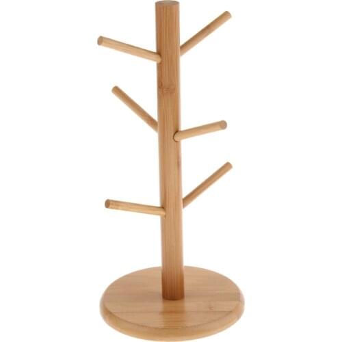Bamboo Mug Rack Tree Removable Bamboo Mug Stand Storage Coffee Tea Cup Organizer Hanger Holder with 6 Hooks
