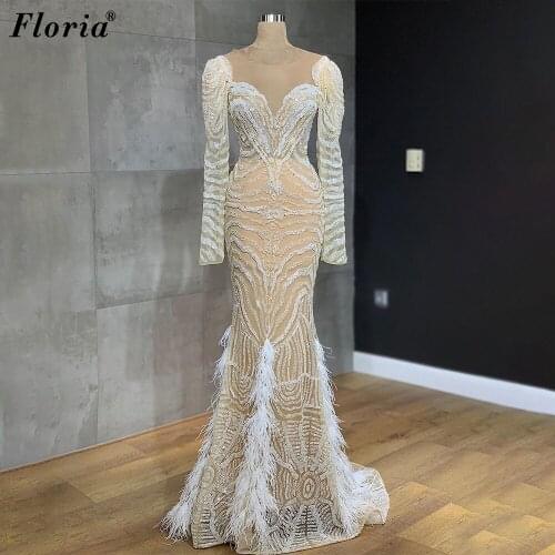 Champagne Plus Size Evening Dresses Long Sleeves Formal Evening Gowns Beading Prom Dresses Turkish Couture Robe De Soiree