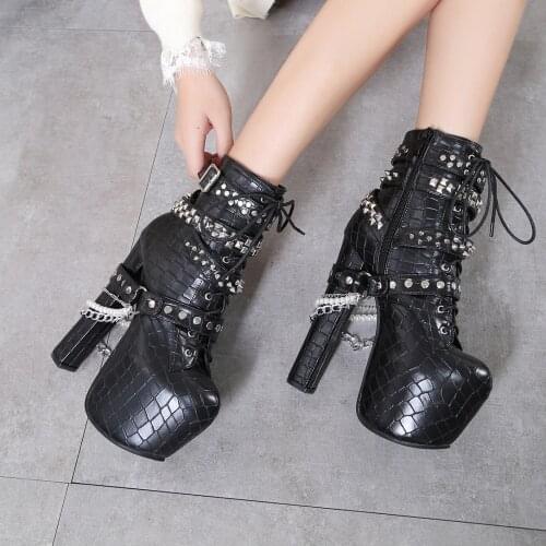 European Autumn Pearl Rivets Cool Nightclub Stage Performance Short Boots Metal Applique Chain Waterproof Platform Lace-Up Boots