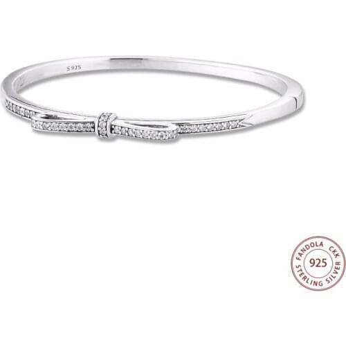 Sparkling Bow Bangles Argent 925 Sterling Silver Clasps Unique Bow Bracelets for Women Original Jewelry pulseras mujer