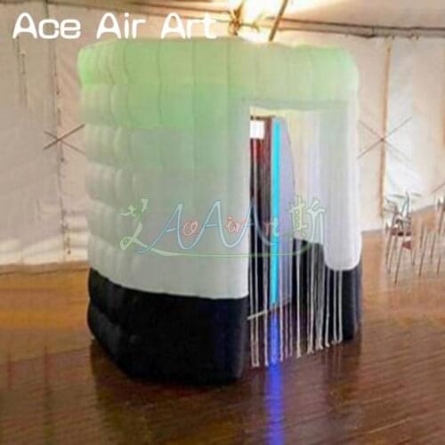 Black and white octagon led lighting child toy inflatable photo booth props,2.4m backdrop with filamentous curtains for sale