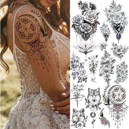 DIY Fake Jewelry Pendant Temporary Tattoos Kit For Women Adult Realistic Tatoos Lace Rose Wolf Fake Tattoo Sexy Paste Sticker