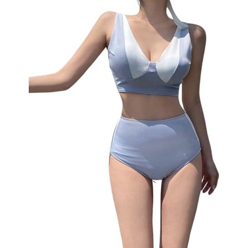 Women’s Color Blocking 2Pcs Bikini Suit Low Neck Backless Tank Tops with High Waist Triangle Bottoms Bikini Sets