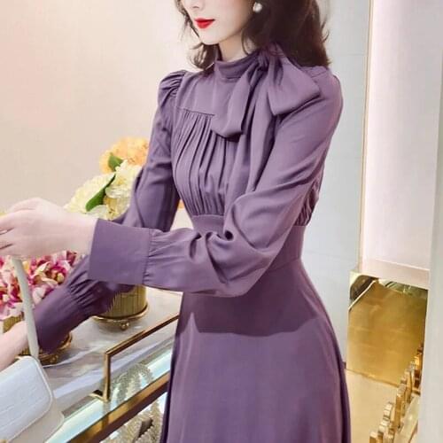 French dress autumn Fad new Korean retro feminine pleated design long DRESS Bow Silk A-Line Solid sexy dress