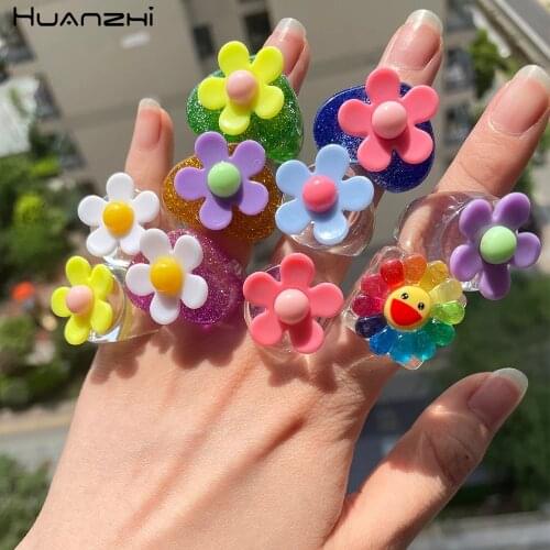 HZ 2021 New Funny Cute Colorful Acrylic Resin Cartoon Animal Love Flower Ring Transparent for Women Girls Party Jewelry Gifts