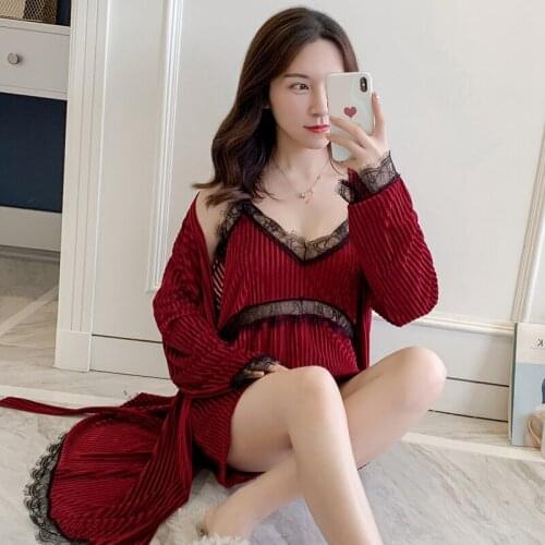 2PCS Sexy Thick Warm Gold Velvet Lace Nightgown Robe Sets for Women 2021 Autumn Winter Long Sleeve Sleepwear Suit Bathrobe Dress