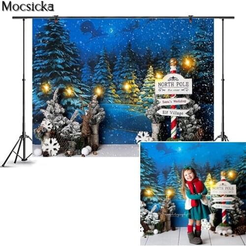 Mocsicka Christmas Photography Background Snow Scene North Pole Street Sign Backdrop Children portrait Decoration Props Studio