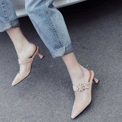 New womens suede word buckle Baotou hollow high-heeled beaded fashion simple sandals college style large size