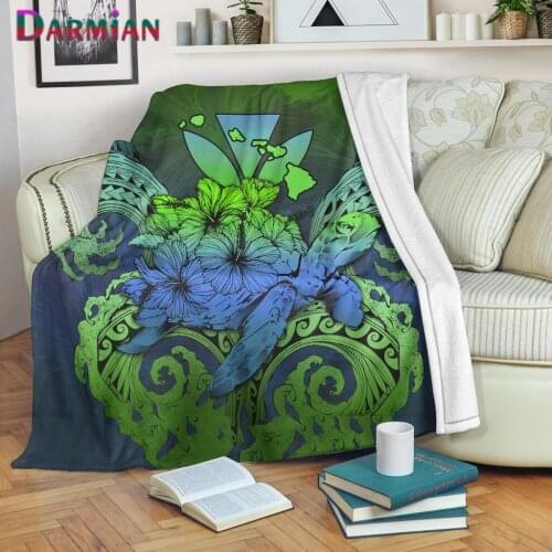 DARMIAN New Polynesian Hawaii Turtle with Hibiscus Printed Fleece Throw Blankets Summer Warm Sofa/Bed Thin Quilt for Adults Kids