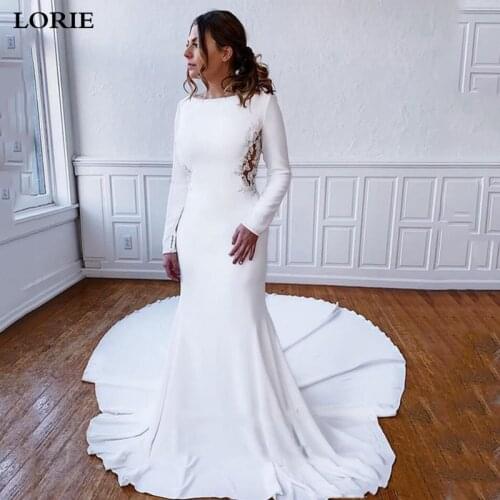 LORIE Mermaid Satin Wedding Dress Long Sleeve Lace Mermaid Appliqued Muslim Bride Dresses Vestido de novia 2019 Wedding Gown