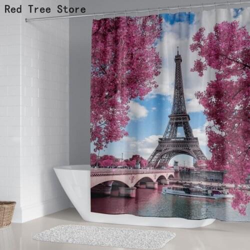 Sakura and Eiffel Tower Shower Curtains Multi Specification Customized Bathroom Hanging Screen Cover Fast Ship Drop Shipping