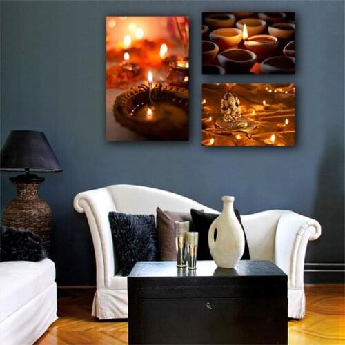 Elephant Indian Buddha Hindu God Ganesha Artwork Warm Lights Canvas Art Painting HD Printed For Living Room Wall Home Decoration