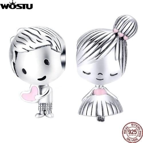 WOSTU Boy & Girl Playmate Beads 100% 925 Sterling Silver Friendship Charms Fit Original Bracelet Pendant Jewelry Gifts FIC1334
