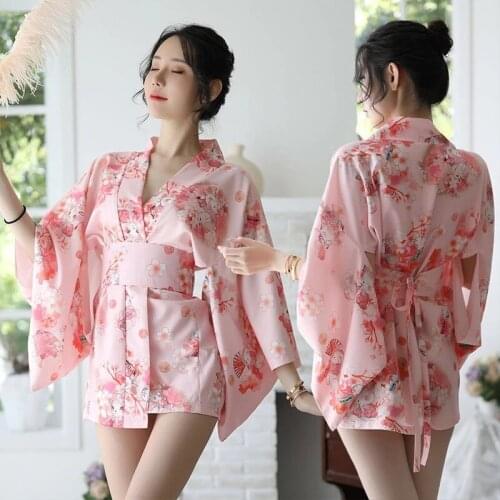 Japanese Style Sakura Girl Kimono Dress Cardigan Floral Printed Sexy Pajamas Yukata Dress Costume Bathrobe Party Nightgown